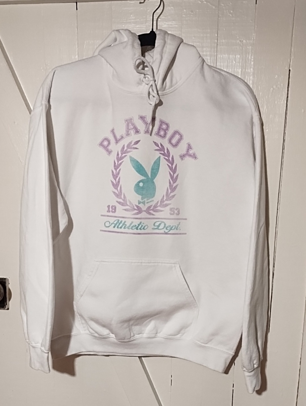 PLAYBOY White Hoodie with Lavender and Teal Logo